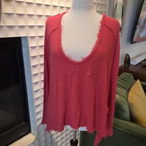 Free People Oversized Distressed Waffle Knit Thermal Top | Deep Coral Pink Red
